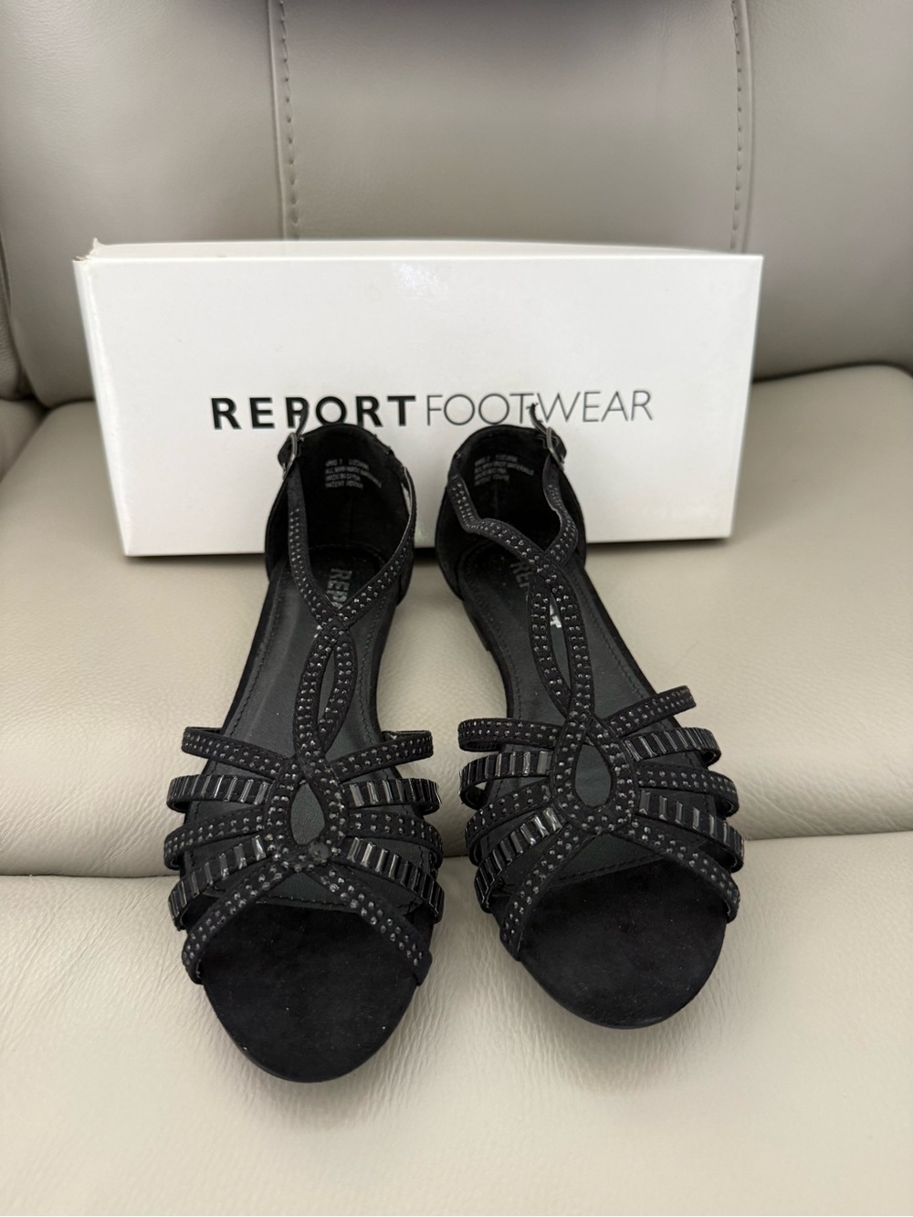 Report Black Studded Strappy Flat Sandals with Buckle